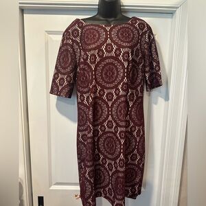 Burgundy and Cream Geometric Lace Shift Dress - 37” Length, 20” Bust